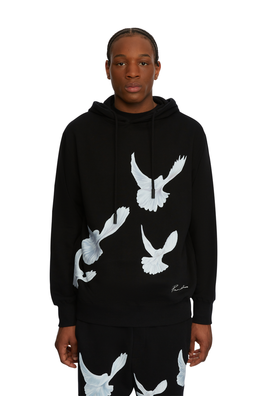 SINGING DOVES BLACK HOODED SWEATER